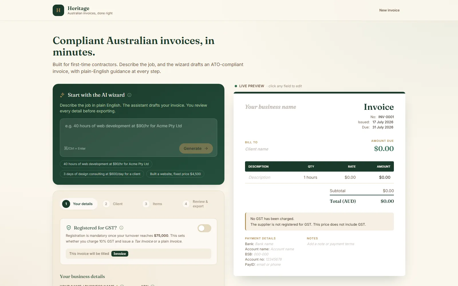 The Heritage wizard: describe a job in plain English on the left, a live ATO-compliant invoice preview on the right.