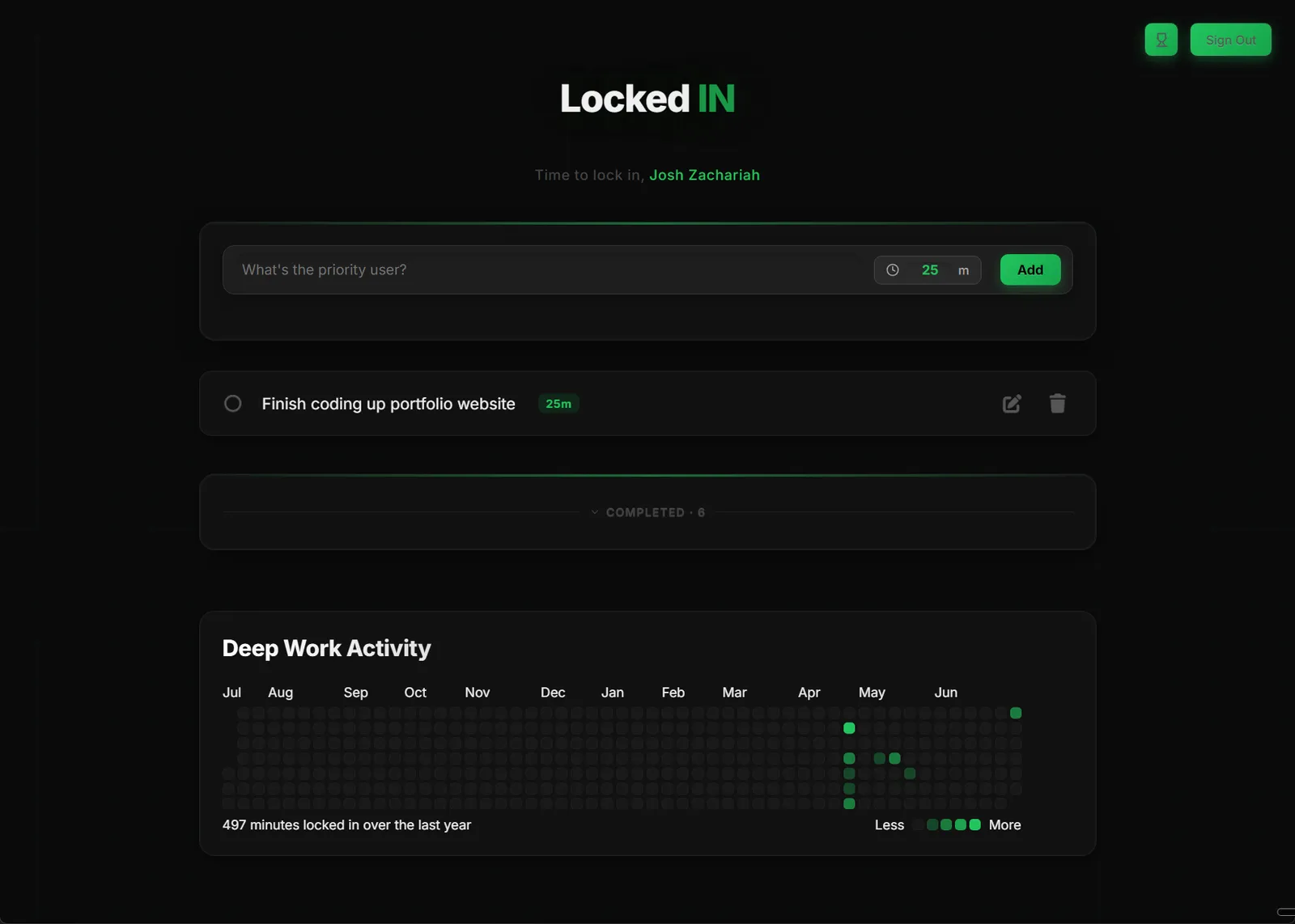 The Locked In dashboard: a focus-task queue with completed sessions and a year-long deep-work activity heatmap.