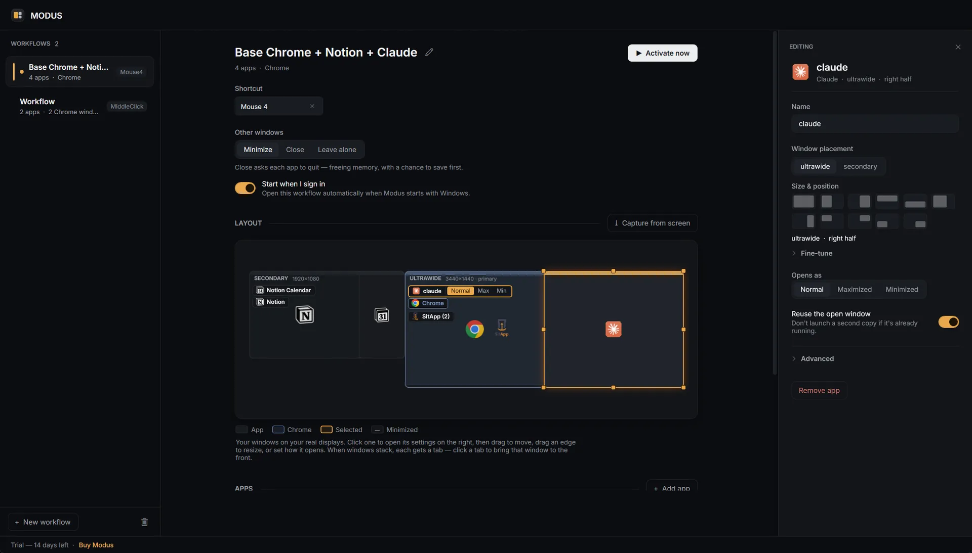 The Modus workflow editor: a saved multi-monitor layout with apps placed on a visual map of the displays.