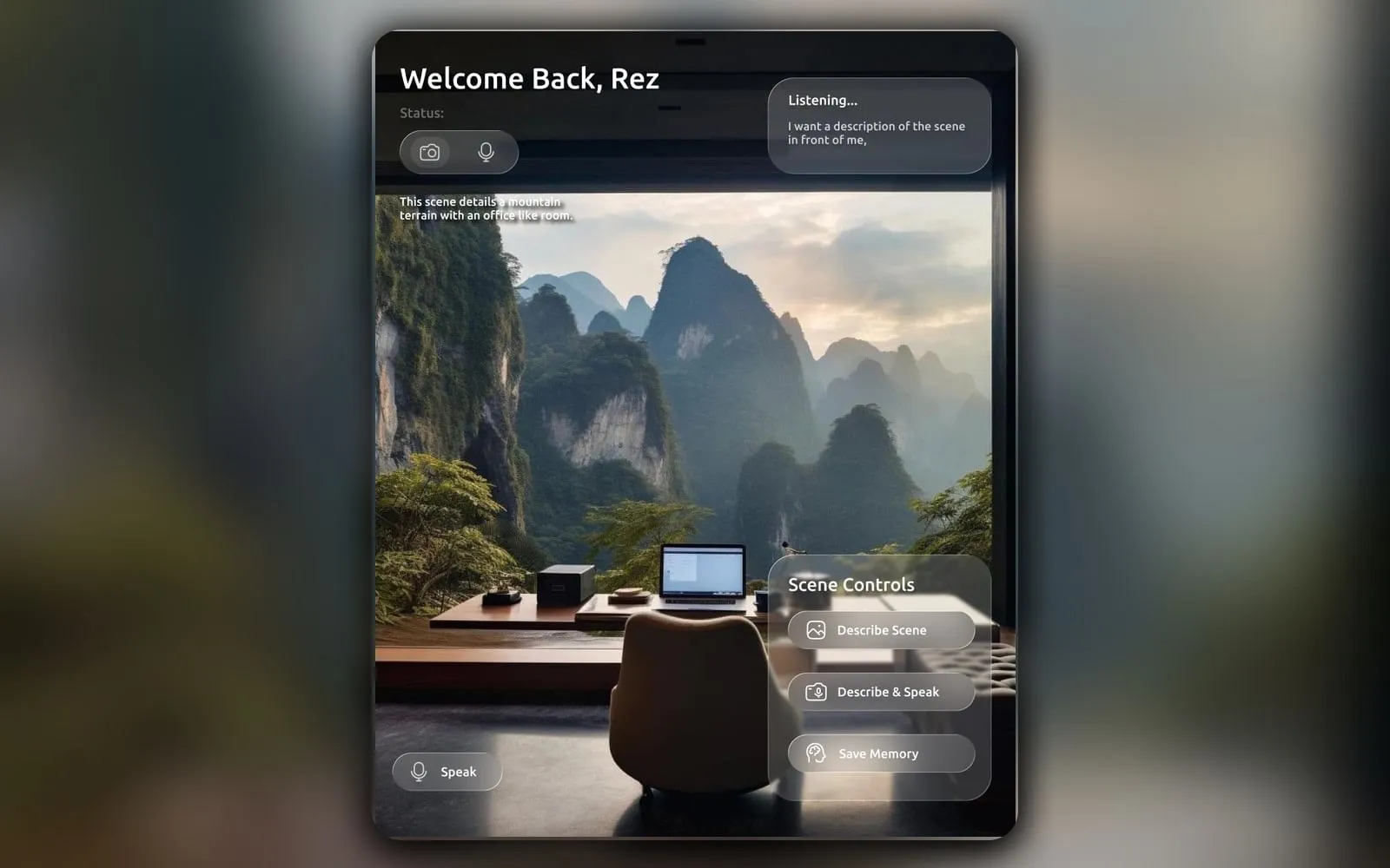 The Omni AR interface describing a live scene: camera view with scene description, voice controls and memory actions.