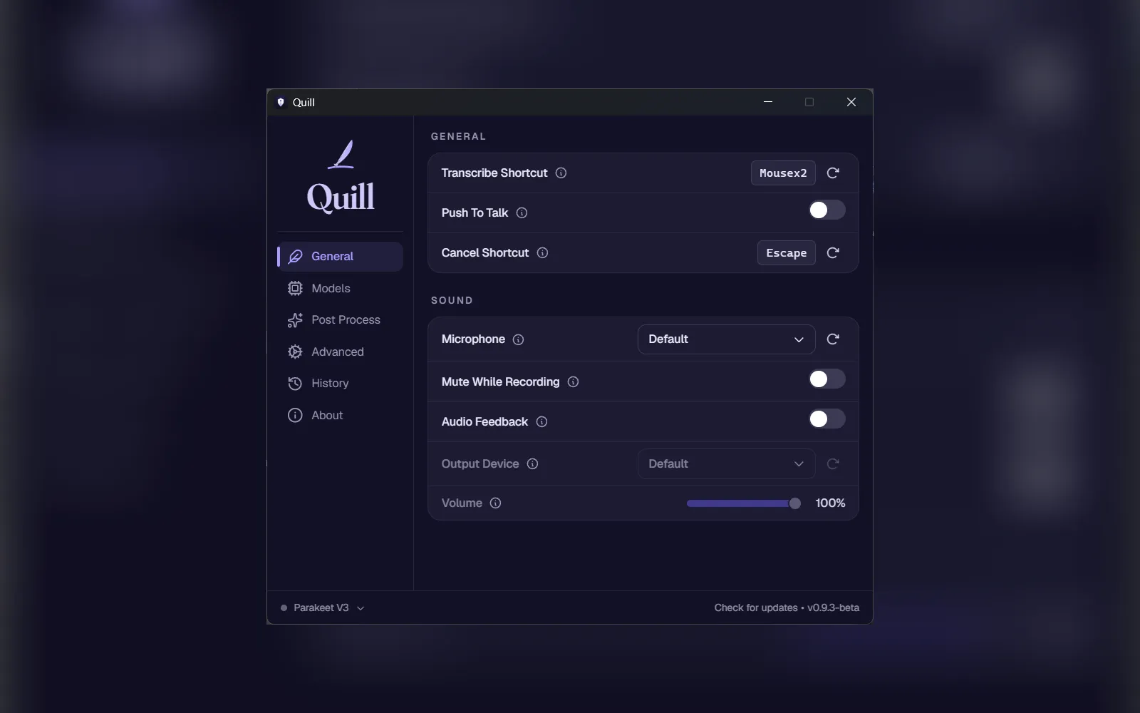 Quill's settings: transcription shortcut, push-to-talk and on-device model options.
