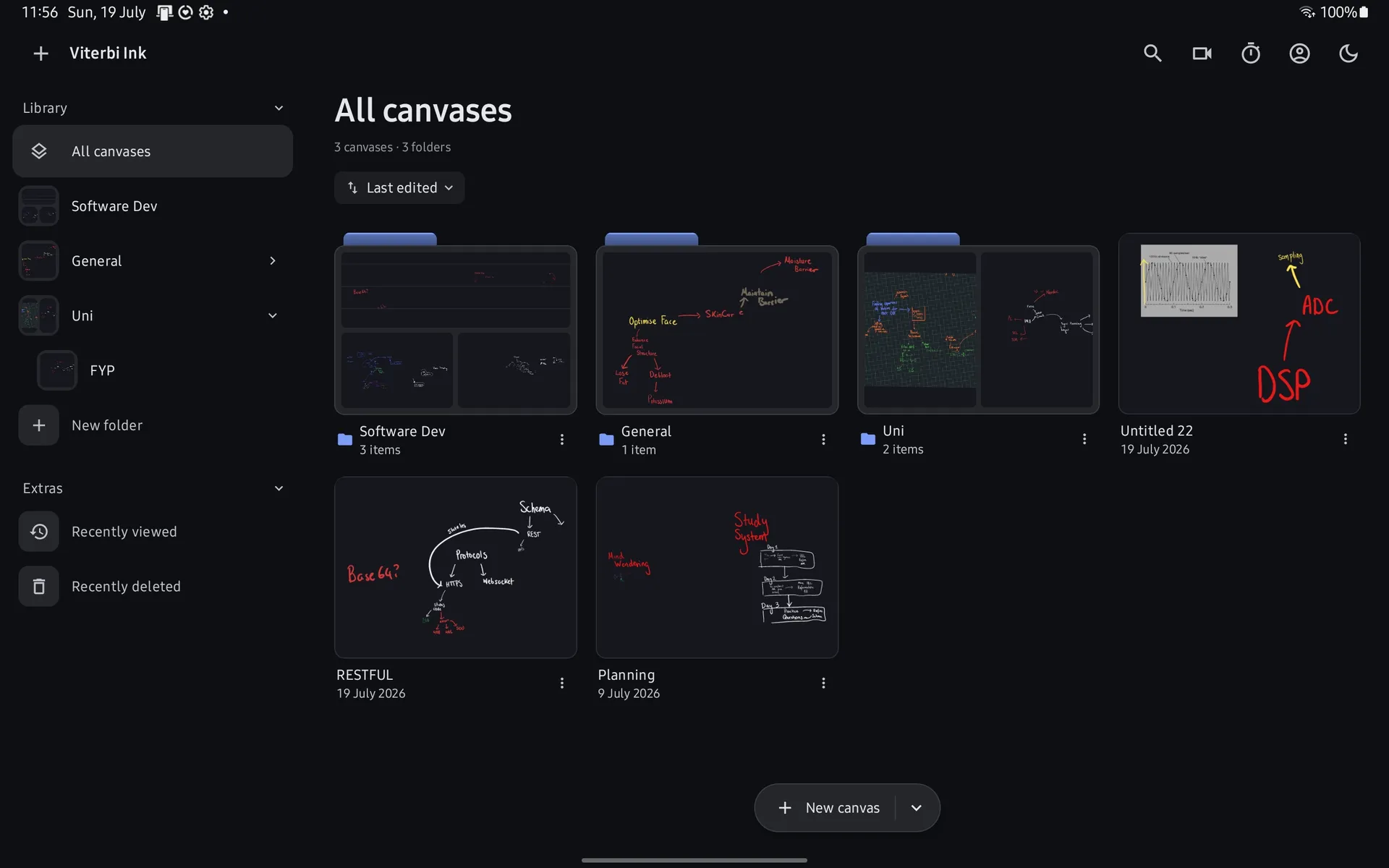 The Viterbi Ink canvas library on a tablet: folders of handwritten canvases.